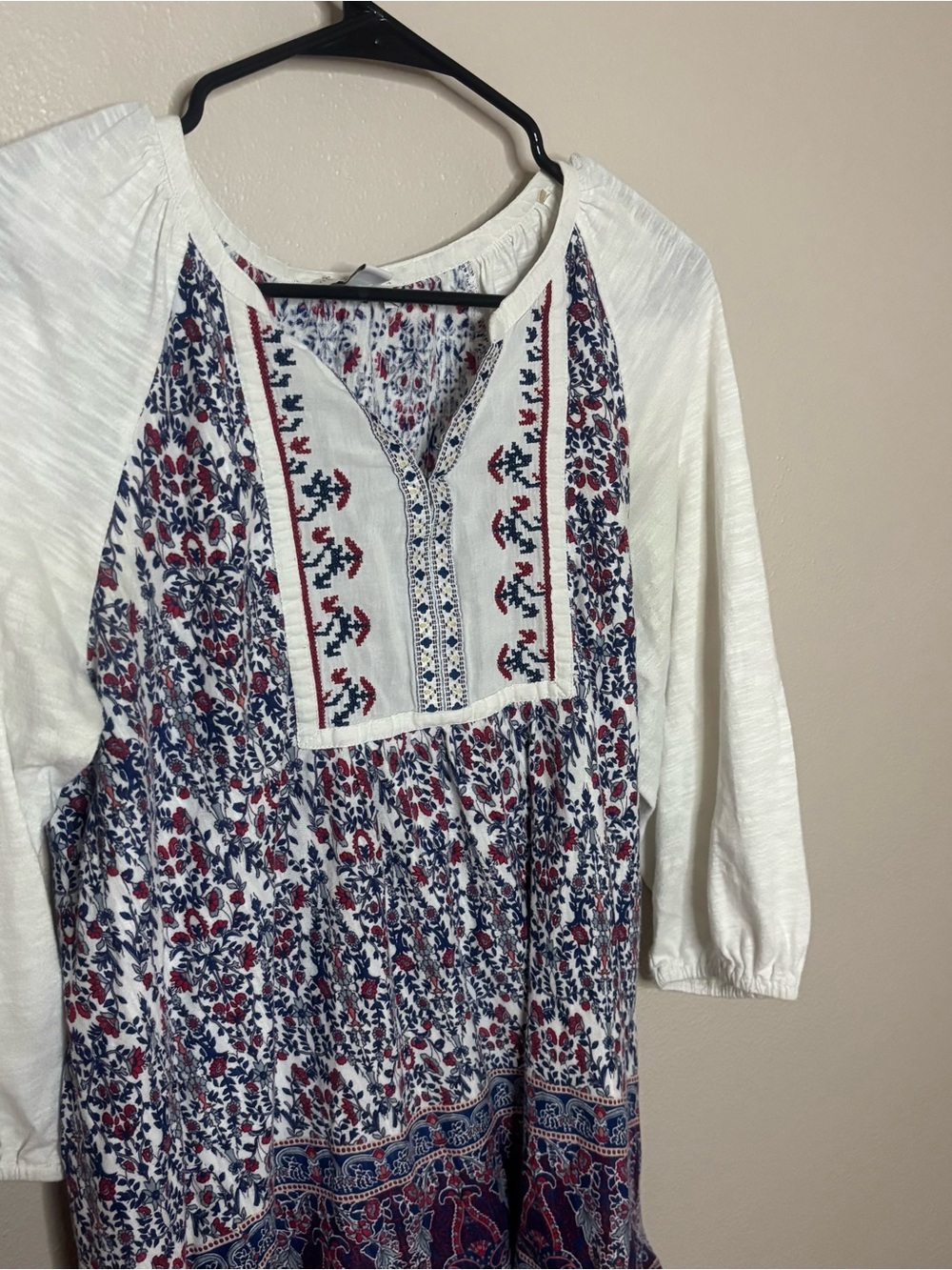 Vintage America White Peasant Top with Navy & Red Floral Print